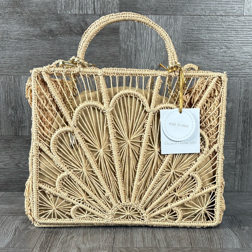 House Of Harlow 1960 Tan Hand Woven Raffia Hand Bag Purse Gold Crossbody Strap - Picture 2 of 11